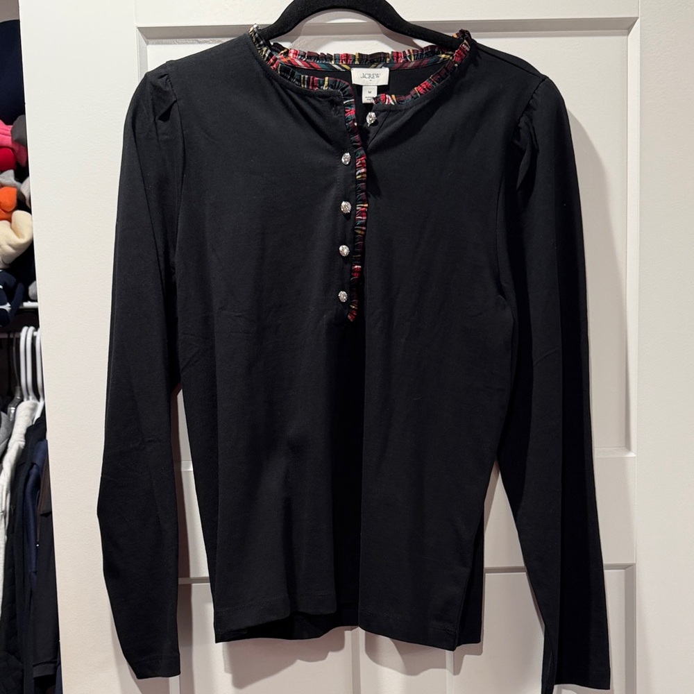 J. Crew Black Button Down Henley Shirt with Tartan Trim, NWT!